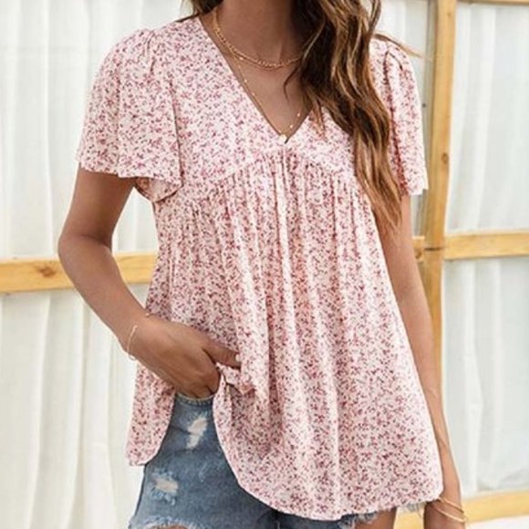 Yokodea Tops - Women's Pink Ditsy Floral V-Neck Empire-Waist Top, Size Large